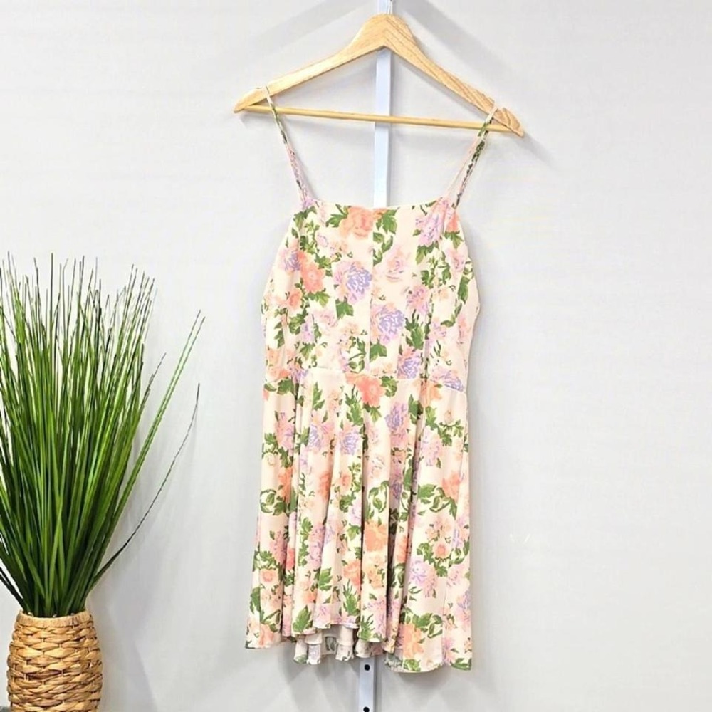 ZARA Womens Floral Print Mini Dress Cream Pink Purple Size L Spaghetti Strap